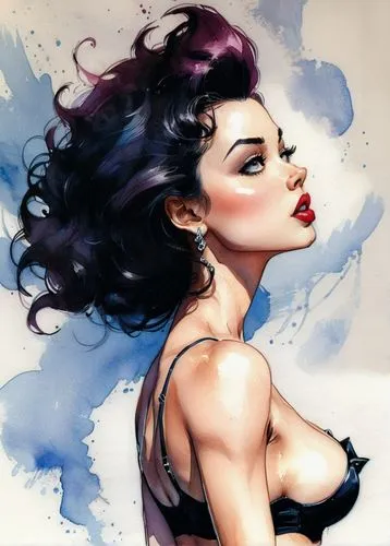 watercolor pin up,selina,bettie,viveros,domergue,pin up girl,Illustration,Black and White,Black and White 08