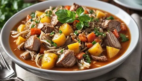 beef soup,beef goulash,vegetable soup,lentil soup,minestrone,pasta e fagioli,irish stew,massaman curry,pot roast,beef stroganoff,goulash,navarin,beef noodle soup,feijoada,sopa de mondongo,beef bourguignon,taco soup,venison,fabada asturiana,manchow soup,Photography,General,Realistic