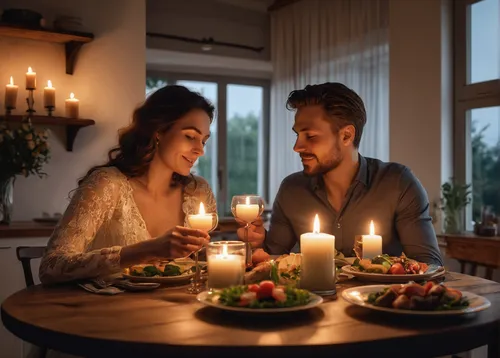 A husband and wife having a romantic candlelit dinner at home,romantic dinner,romantic night,candle light dinner,dinner for two,romantic scene,candle light,hygge,romantic,candlelights,romantic portrai