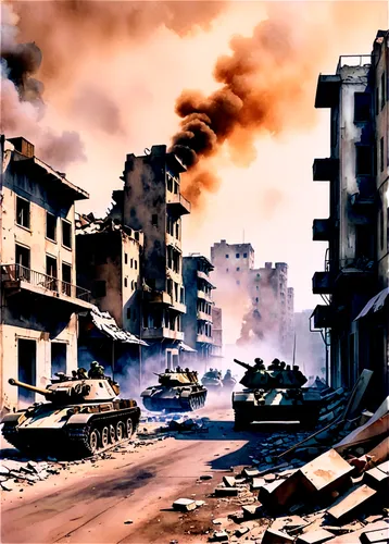 War scene, destroyed cityscape, smoke rising, ruins of buildings, abandoned tanks, soldiers in camouflage uniforms, helmets, guns, bandages, scars, facial expressions of fear and exhaustion, dramatic 