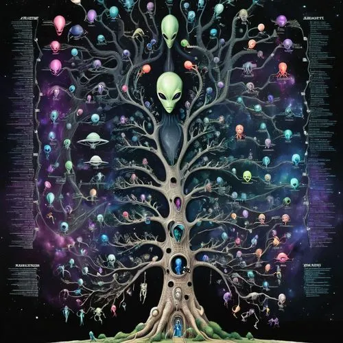 генеалогическое древо,the tree of life has many different objects all over it,tree of life,colorful tree of life,magic tree,the branches of the tree,family tree,celtic tree,Conceptual Art,Sci-Fi,Sci-F