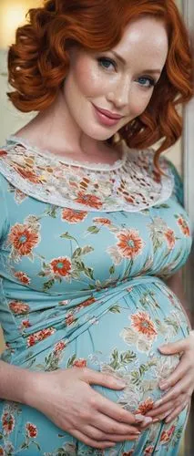 Pregnant Christina Hendricks, 30s, curvy figure, red hair, bright blue eyes, freckles on cheeks, subtle smile, elegant maternity dress, empire waist, floral pattern, ruffles, lace details, standing, o