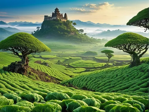 fantasy landscape, sunken land, lush cabbage fields, vibrant green cabbages, misty background, ancient ruins, overgrown with moss, twisted trees, soft ambient light, morning dew, serene atmosphere, wi