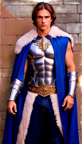 Costume, medieval fantasy, ornate armor, silver chest plate, golden waist belt, blue cape with white fur trim, muscular male, confident pose, broadsword at side, heroic facial expression, detailed eye