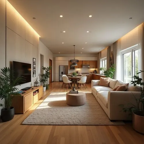 Living room interior, cozy and inviting space, comfortable sofas with plush cushions, warm color palette with soft lighting, hardwood flooring with area rugs, large windows with natural light, stylish