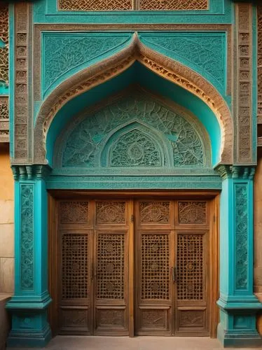 Historic Ahmedabad, traditional Indian architecture, intricately carved stone walls, ornate balconies, grand domes, vibrant turquoise accents, intricate Islamic geometric patterns, lush greenery surro