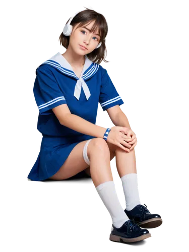 anime, Japanese girl, headphones, listening to music, solo, (18yo), cute facial expression, bright blue eyes, short brown hair, sailor-style school uniform, white socks, black shoes, sitting on floor,