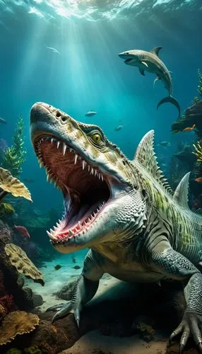 Monstro gigante de tubarão misturado com iguana,an artfully rendered image of a crocodile with its mouth open,elasmosaurus,mosasaurs,mosasaur,marine reptile,temnospondyls,sarcopterygian,Photography,Ge