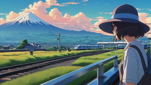 studio ghibli,yamada's rice fields,train ride,track,japan landscape,last train,journey,scenery,sky train,railroad,shinkansen,tracks,train,summer day,atmosphere,high sun hat,the girl at the station,railway,world end,mt fuji,Illustration,Japanese style,Japanese Style 14