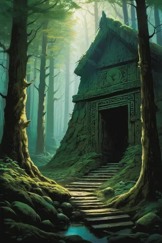 house in the forest,witch's house,ancient house,studio ghibli,lonely house,forest path,world digital painting,tsukemono,wooden hut,devilwood,druid grove,wooden path,forest chapel,forest background,the mystical path,backgrounds,forest landscape,witch house,the threshold of the house,digital painting,Illustration,Realistic Fantasy,Realistic Fantasy 06