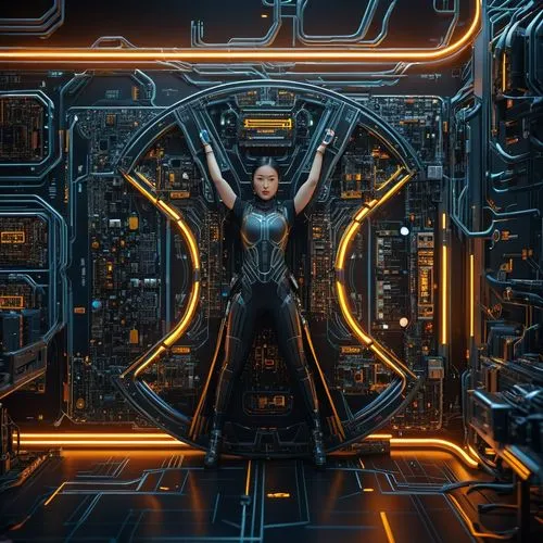 刘亦菲，固定,a woman wearing futuristic clothing is standing inside a room,alita,hela,valerian,katniss,tarja,tron,Photography,General,Sci-Fi