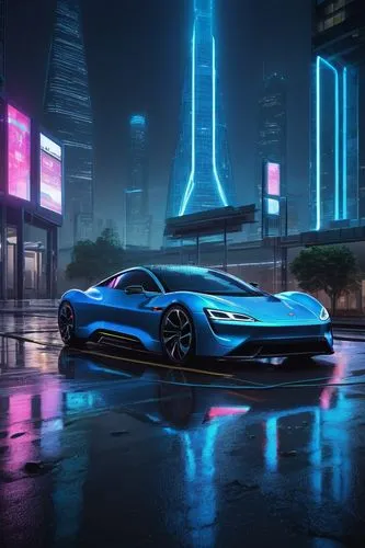 Electric vehicle charging station, futuristic, sleek, metallic, neon lights, glowing blue lines, modern architecture, urban cityscape, night scene, rainy atmosphere, puddles reflecting neon lights, de