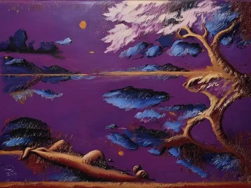 Passion Sexy Painting ,Naked Woman  Abstract Body Art Oil Painting,a painting is shown with purple colors and trees,purple landscape,jacarandas,underwater landscape,jacaranda,lilac tree,oil on canvas,