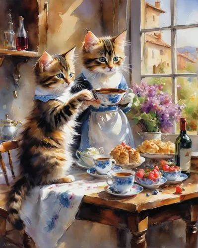 tea party cat,cat drinking tea,cat's cafe,watercolor cafe,teatime,cat coffee,afternoon tea,breakfast table,oktoberfest cats,tea time,cat european,oil painting,calico cat,high tea,cat lovers,domestic cat,tearoom,tea party,italian painter,placemat,Illustration,Paper based,Paper Based 11