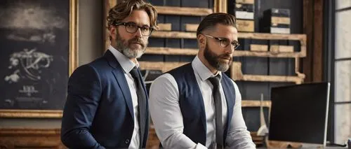 Male, mature designer, 30s, short hair, glasses, beard, white shirt, black tie, dark blue suit, standing, confident posture, hands in pockets, office background, modern interior design, wooden desk, m