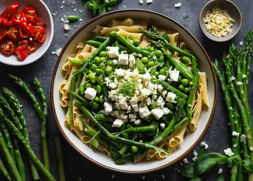 Overhead view of a bowl of pasta with green vegetables, herbs, and feta with serving bowl in the background and asparagus, peas, and red pepper flakes scattered around,greek feta cheese,arugula,green 