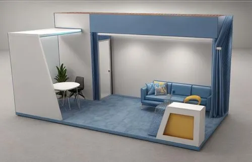 Exhibition stand with blue to be rominent color. with spot lights ,the small living area is set up with blue chairs,shelterbox,cubicle,cubicles,treatment room,will free enclosure,demountable,Common,Co