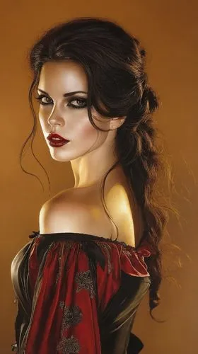 this is a painting of a woman with red lipstick,vampire woman,vampire lady,gothic woman,beren,flamenca,liliana,Illustration,Realistic Fantasy,Realistic Fantasy 10