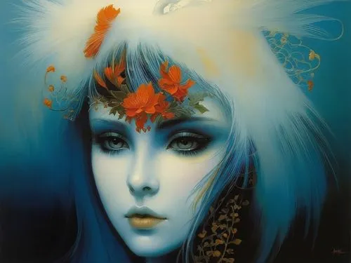 feather headdress,headdress,amano,the snow queen,mystical portrait of a girl,indian headdress,faerie,blue enchantress,fantasy art,fantasy portrait,faery,shamanic,priestess,dryad,fairy queen,firebird,elven flower,rusalka,blue bird,tiger lily,Illustration,Realistic Fantasy,Realistic Fantasy 16