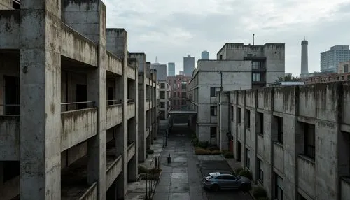 Rugged concrete structures, brutalist architecture, fortress-like buildings, raw unfinished surfaces, exposed ductwork, industrial pipes, metallic beams, reinforced columns, angular lines, geometric s