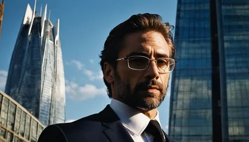 Middle-aged, muscular man, architecture designer, Manchester, UK, 3/4 composition, facial close-up, glasses, short brown hair, beard, white shirt, black tie, dark blue suit, holding a large-scale mode