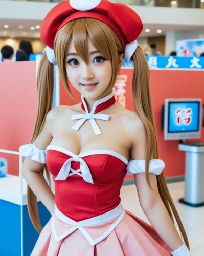 a girl with long hair and a bow wearing a cosplay uniform,minako,asuka langley soryu,mihoshi,mineko,kotobukiya,doll dress