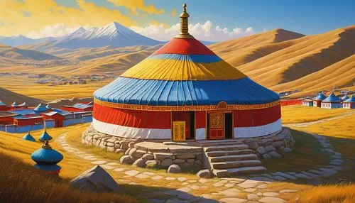 chorten,mongolia eastern,khokhloma painting,chortens,thatgamecompany,world digital painting,dixit,turkic,mountain settlement,townsmen,titicaca,rongbuk,andean,altiplano,mongolian,mongolia,igloos,roof domes,mostovoy,incan,Illustration,Realistic Fantasy,Realistic Fantasy 03