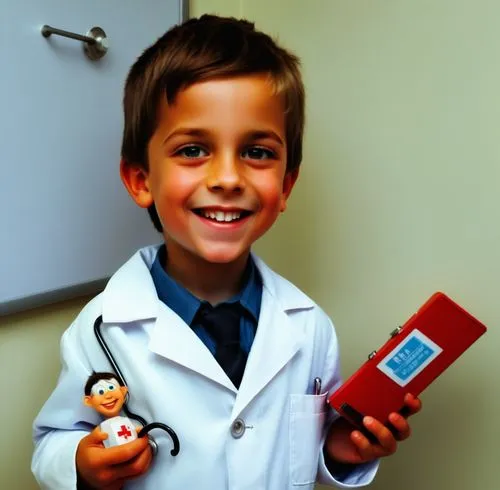 Una caricatura realista de un niño médico, de unos 8 años, con una bata blanca y un estetoscopio alrededor del cuello. El niño tiene una expresión alegre y está sosteniendo un maletín de primeros auxi