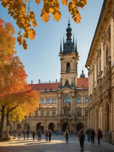 Baroque style building, grand entrance, ornate façade, intricate stone carvings, Gothic spires, Prague cityscape, Vltava River, historic architecture, prestigious institution, Academy of Arts, student