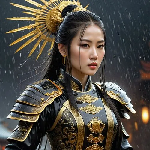 very beautiful charming Chinese woman with very beautiful expressive eyes, sparkling pupils, beautiful thin lips, beautiful long wet hair, martial artist, dressed in black armor with golden patterns o