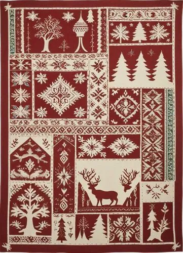 a christmas themed red and white pattern on a piece of cloth,christmas pattern,christmas gift pattern,christmas tree pattern,traditional pattern,christmas motif,kilim