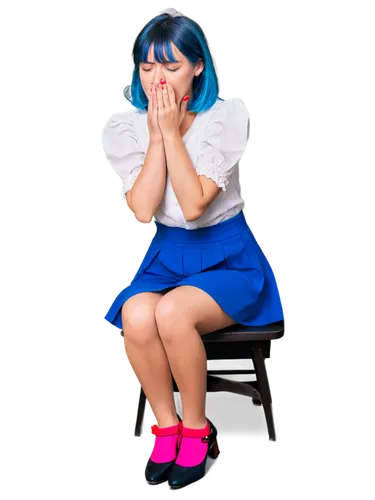 crying, cartoon woman, solo, colorful hair clips, blue eyes, tears streaming down face, pink nose, rosy cheeks, bright red lips, white shirt with puffed sleeves, flowy blue skirt, lace stockings, blac