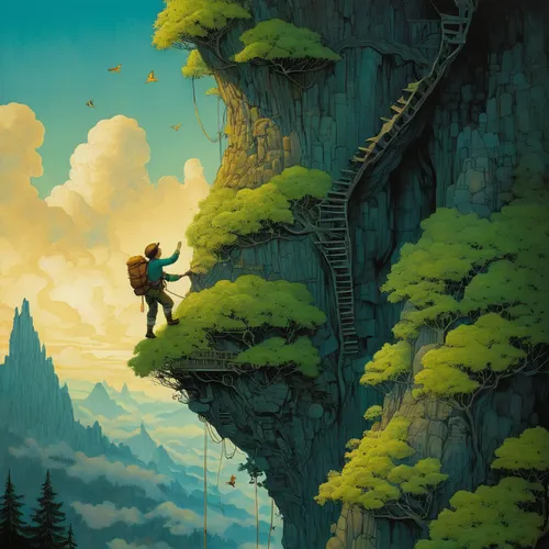 chasm,leap of faith,climb,tower fall,climb up,climbing,climbing to the top,fantasy picture,game illustration,tree top path,climber,base jumping,to fall,fairy chimney,studio ghibli,take-off of a cliff,sci fiction illustration,mountain climber,climbing garden,mountain guide,Illustration,Realistic Fantasy,Realistic Fantasy 05