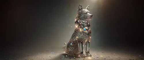 пусто,a silver dog statue sitting in a dark room with a bright light,scrap sculpture,the pillar of light,light bearer,lanternfish,huyghe,perfume bottle