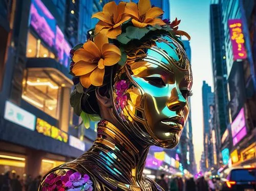 afrofuturism,woman sculpture,girl in a wreath,oshun,neon body painting,artist's mannequin,african woman,gold flower,golden wreath,flowerhead,girl in flowers,cinema 4d,baoshun,giorno,golden flowers,flowerheads,digiart,digital art,african art,golden crown,Photography,Artistic Photography,Artistic Photography 08