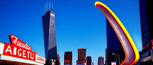 sears tower,neon sign,chicago,willis tower,azrieli,chicago skyline,lujiazui,ctbuh,supertall,scrapers,centrepoint tower,chicagoan,foshay,antilla,dubia,radio city music hall,escala,the energy tower,neon arrows,pudong,Illustration,Retro,Retro 12