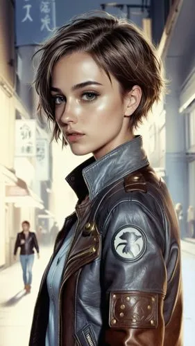 short hair, leather jacket, brunette,a woman standing in an alley with her hands on her hips,domino,longhena,katniss,cassandra,harkavy,romanoff,Illustration,Realistic Fantasy,Realistic Fantasy 25