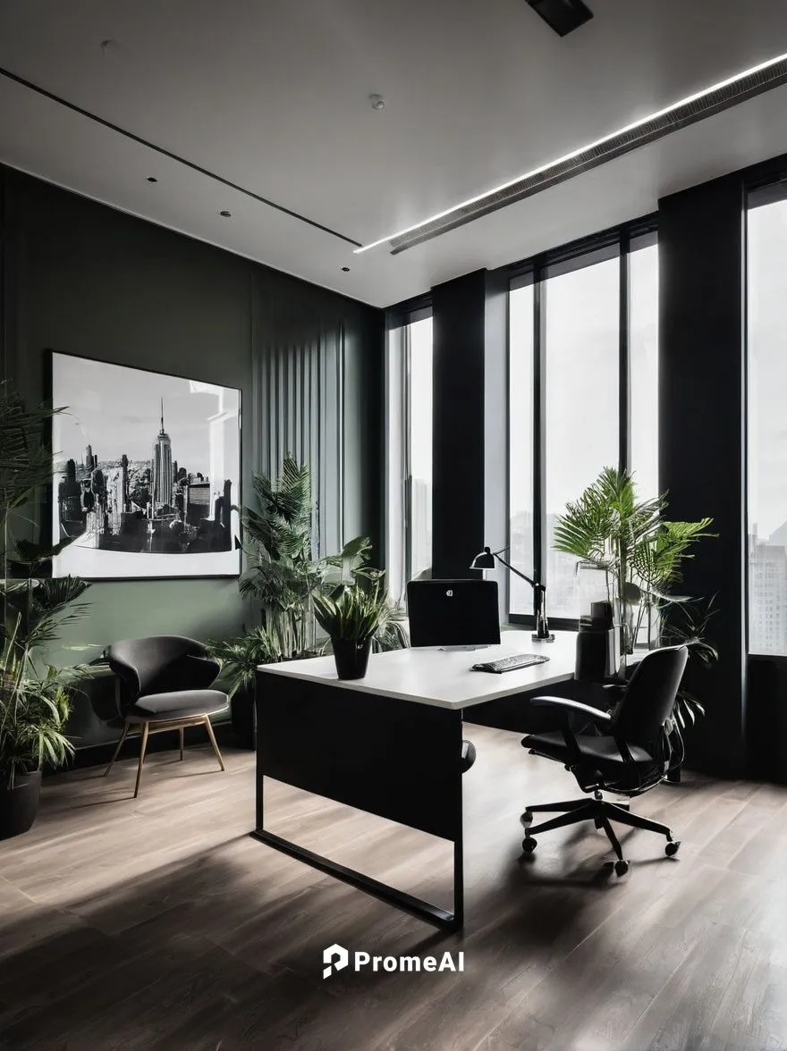 Modern architecture firm office, interior design, luxurious minimalism, sleek lines, glass partitions, wooden flooring, elegant LED lighting, spacious open area, collaborative workstations, designer c