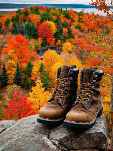 Work Boots On A Rock With Autumn Coloured Trees In The Background, Quebec, Canada,hiking boots,leather hiking boots,mountain boots,hiking boot,fall colors,fall landscape,hiking shoes,autumn background