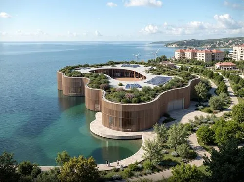 Eco-friendly coastal research facility, wave-inspired curvaceous design, solar panels, wind turbines, recycled metal materials, reclaimed wood accents, green roofs, living walls, tidal-powered energy 