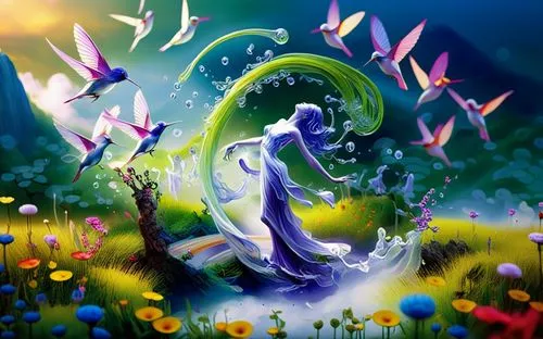 Traditional Beauty in Nature,a painting with a woman surrounded by birds,fairy peacock,mermaid background,fantasy picture,fantasy art,simorgh,sylphs,Illustration,Abstract Fantasy,Abstract Fantasy 01