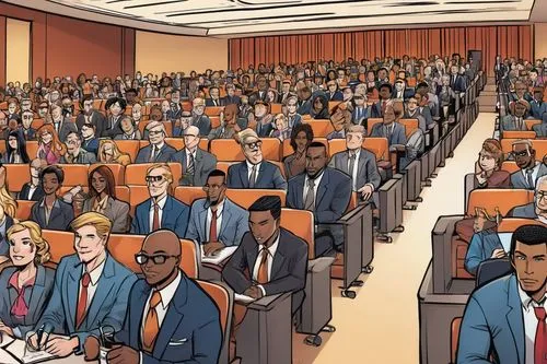 Conference hall, modern interior design, rows of chairs, podium in center, microphone, projector screen, speakers, businesspeople, suits, ties, laptops, tablets, notebooks, pens, glasses, diverse hair