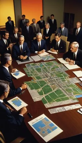 Urban planning, architectural review committee, meeting scene, conference room, large wooden table, modern chairs, city maps, blueprints, scale models, committee members, professionals, mature men and