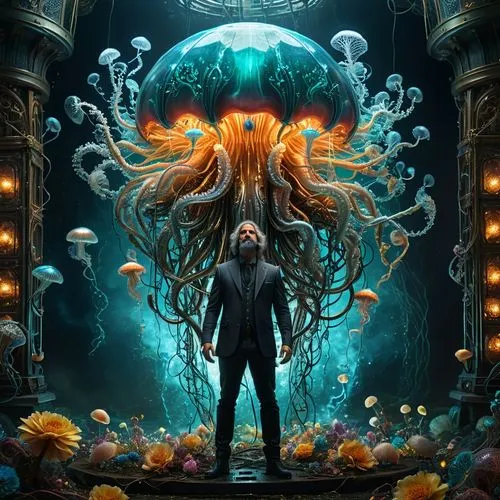 a beautiful rendition of the god of jelly fishes machines, thousands of acid flowers, high voltage magic, ornate, arcane electricity, complex scene , highly detailed.,sikth,lovecraftian,azathoth,grave