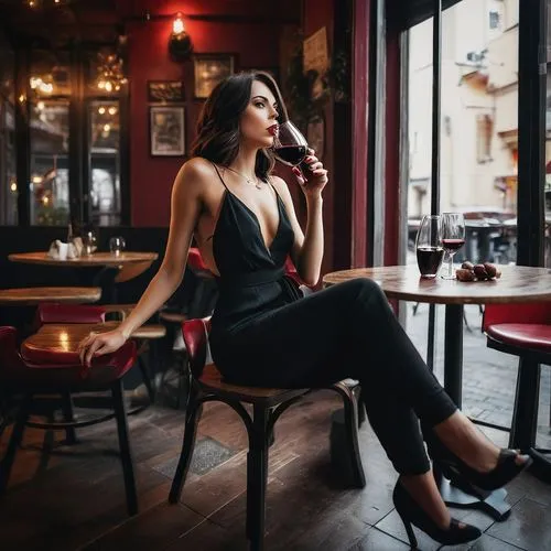 A romantic full body photo of a beautiful brunette woman sitting in a cafe, drinking a glass of red wine, a date stood her up, she is pissed but drinking her wine alone with attitude, sexy and seducti