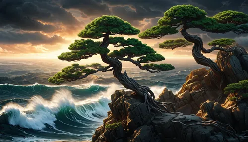 some trees that are on top of rocks,sea landscape,coastal landscape,seascape,cartoon video game background,an island far away landscape,fantasy landscape,ocean background,ocean waves,cliffs ocean,land