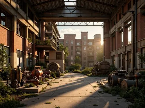 Rustic industrial landscape, abandoned factories, distressed brick walls, corrugated metal roofs, worn wooden beams, vintage machinery, urban decay, overgrown vegetation, gritty urban atmosphere, warm