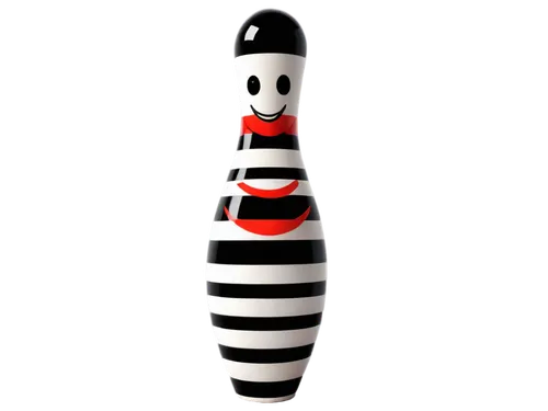 Bowling pin, smiley face, white and black stripes, shiny surface, bright eyes, red lips, cartoon style, 3D rendering, low-angle shot, dramatic lighting, dynamic composition, detailed texture.,bowling 