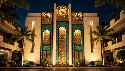 Opulent Art Deco monument, lavish gold accents, rich bronze tones, luxurious marble surfaces, vibrant turquoise mosaics, bold geometric patterns, ornate metalwork details, sunburst motifs, stylized fl