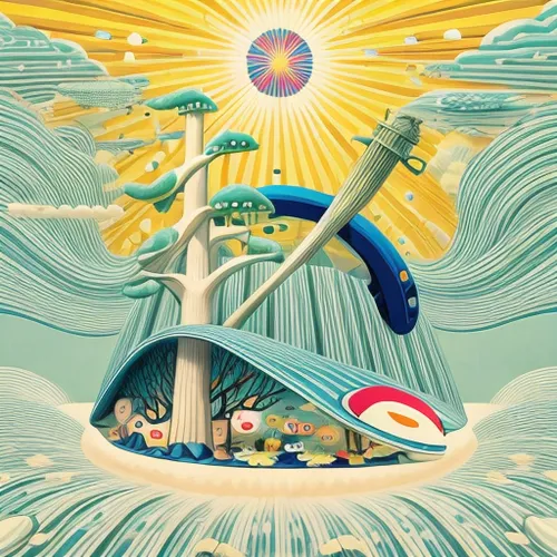 amusement ride,god of the sea,merry-go-round,delight island,ocean paradise,amusement park,surfboat,water park,sea fantasy,underwater playground,sea god,renewable,seaside resort,surfing equipment,revolving light,tsunami,surf kayaking,propulsion,bird kingdom,sci fiction illustration,Calligraphy,Illustration,Cartoon Illustration